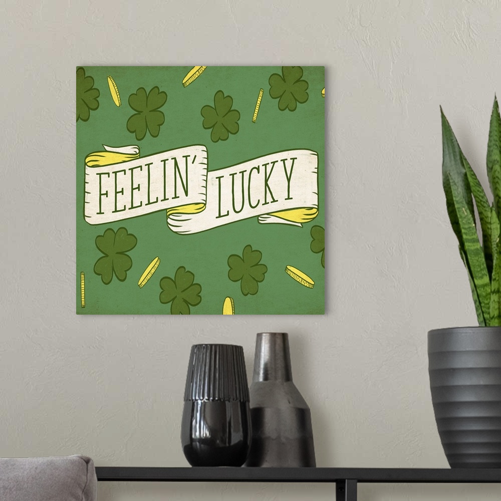 A modern room featuring "Feelin' Lucky" written on a banner with gold coins and four-leaf clovers on a green background.