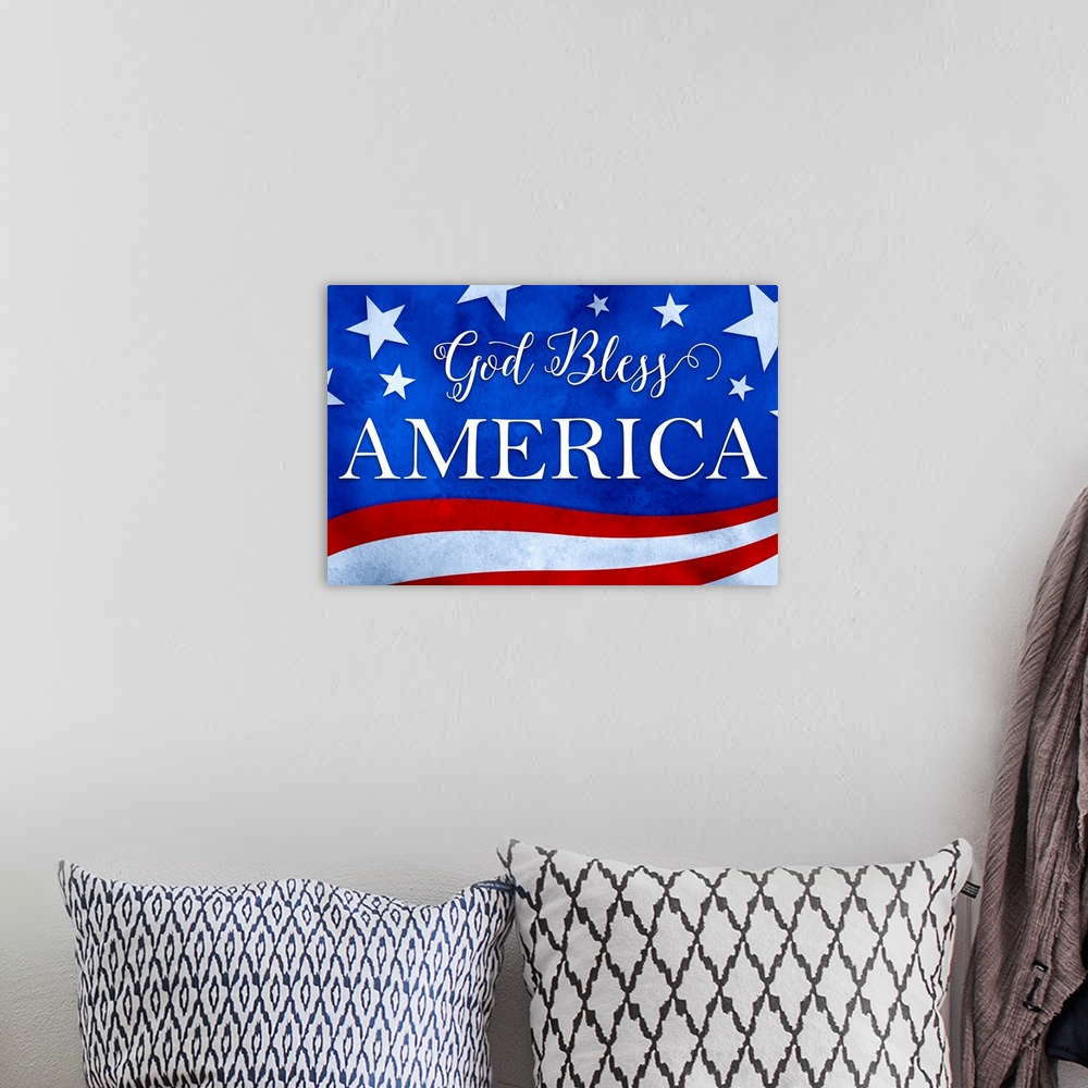 A bohemian room featuring "God Bless America" written in white on a red, white, and blue patriotic background.