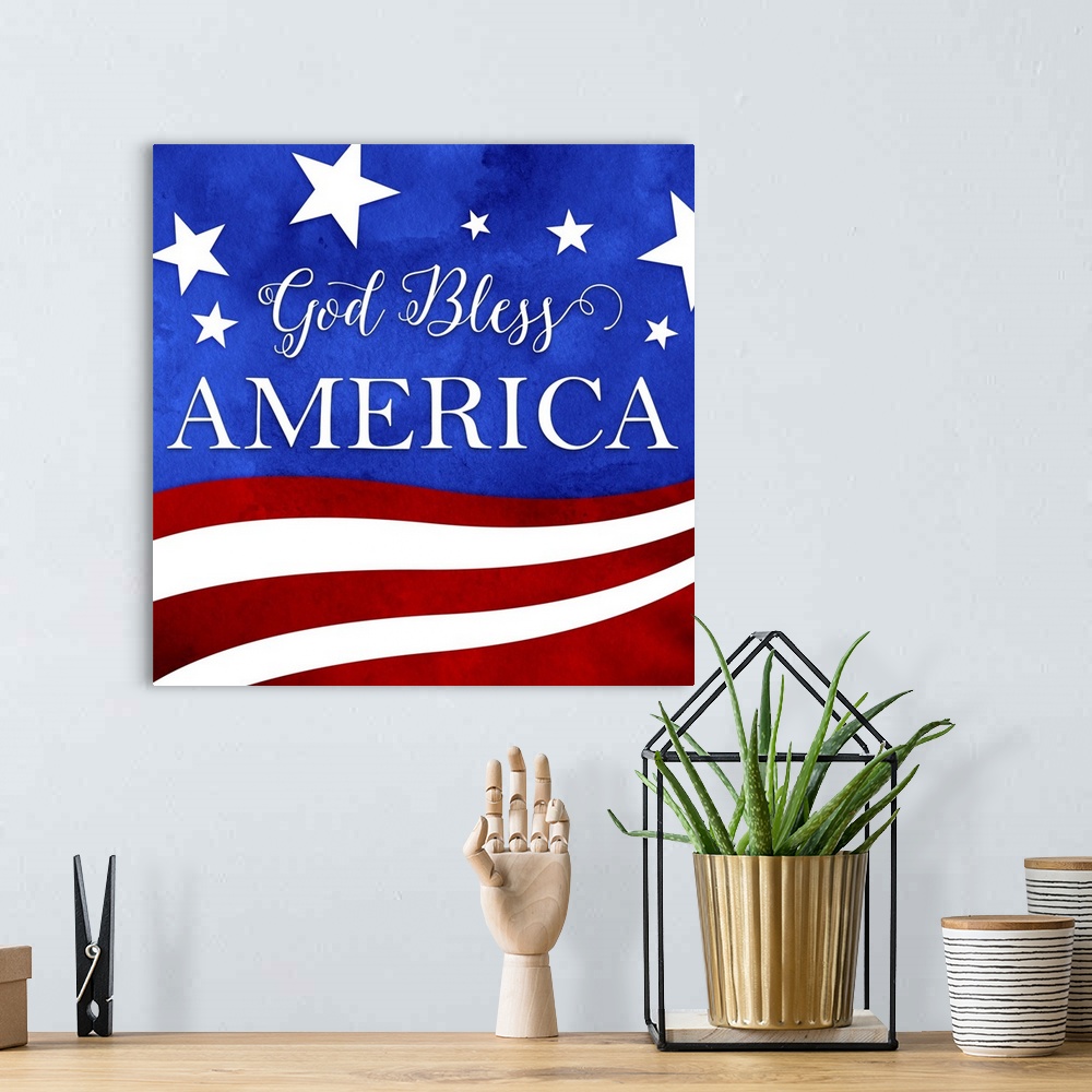 A bohemian room featuring "God Bless America" written in white on a red, white, and blue patriotic background.