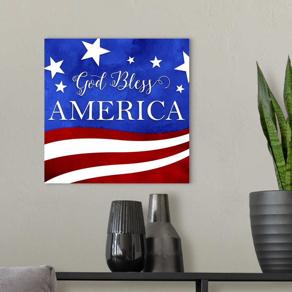 A modern room featuring "God Bless America" written in white on a red, white, and blue patriotic background.