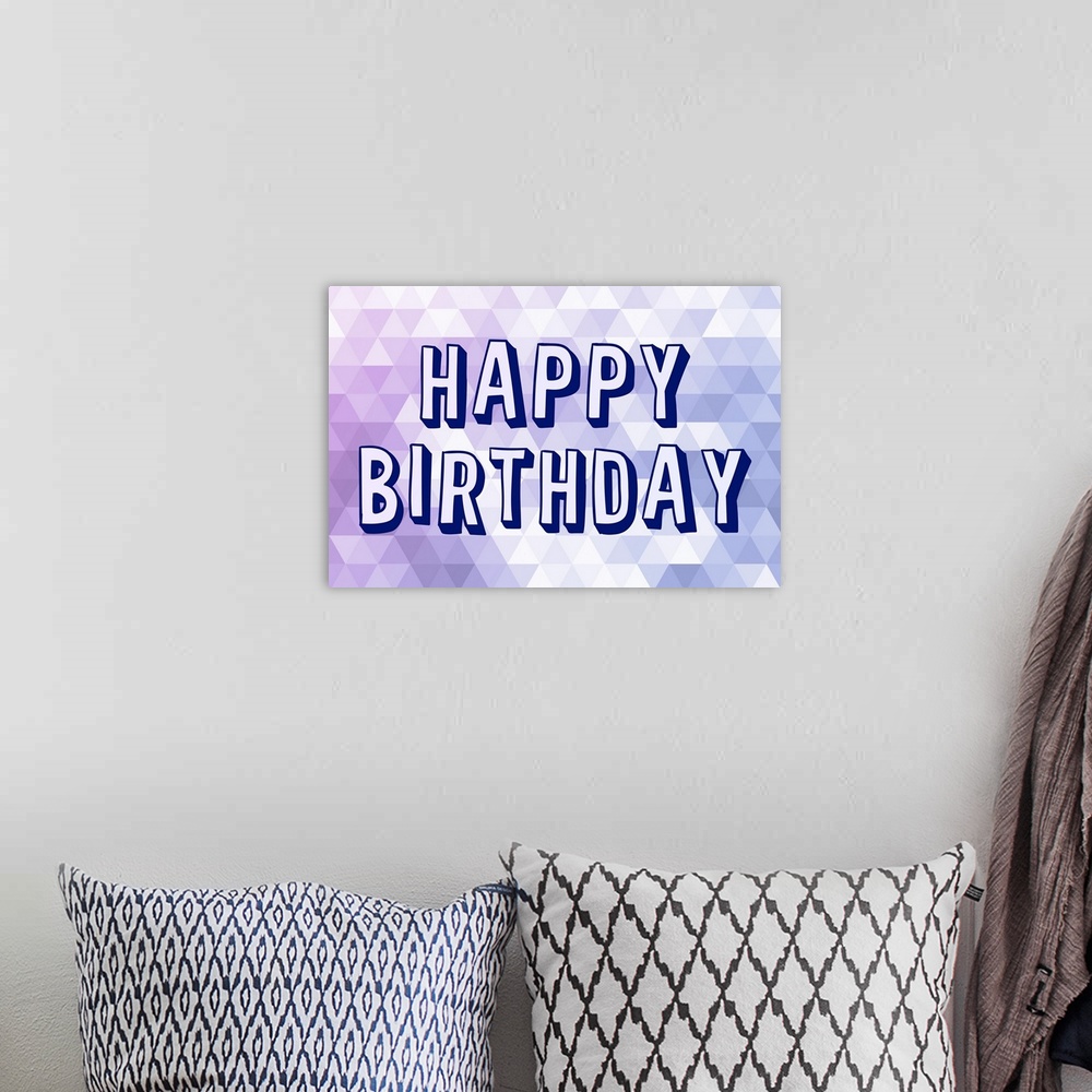 A bohemian room featuring "Happy Birthday" on a purple disco ball patterned background.