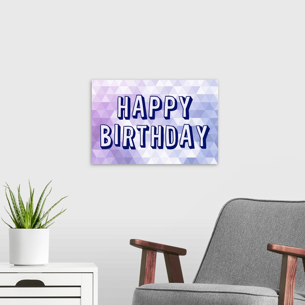 A modern room featuring "Happy Birthday" on a purple disco ball patterned background.