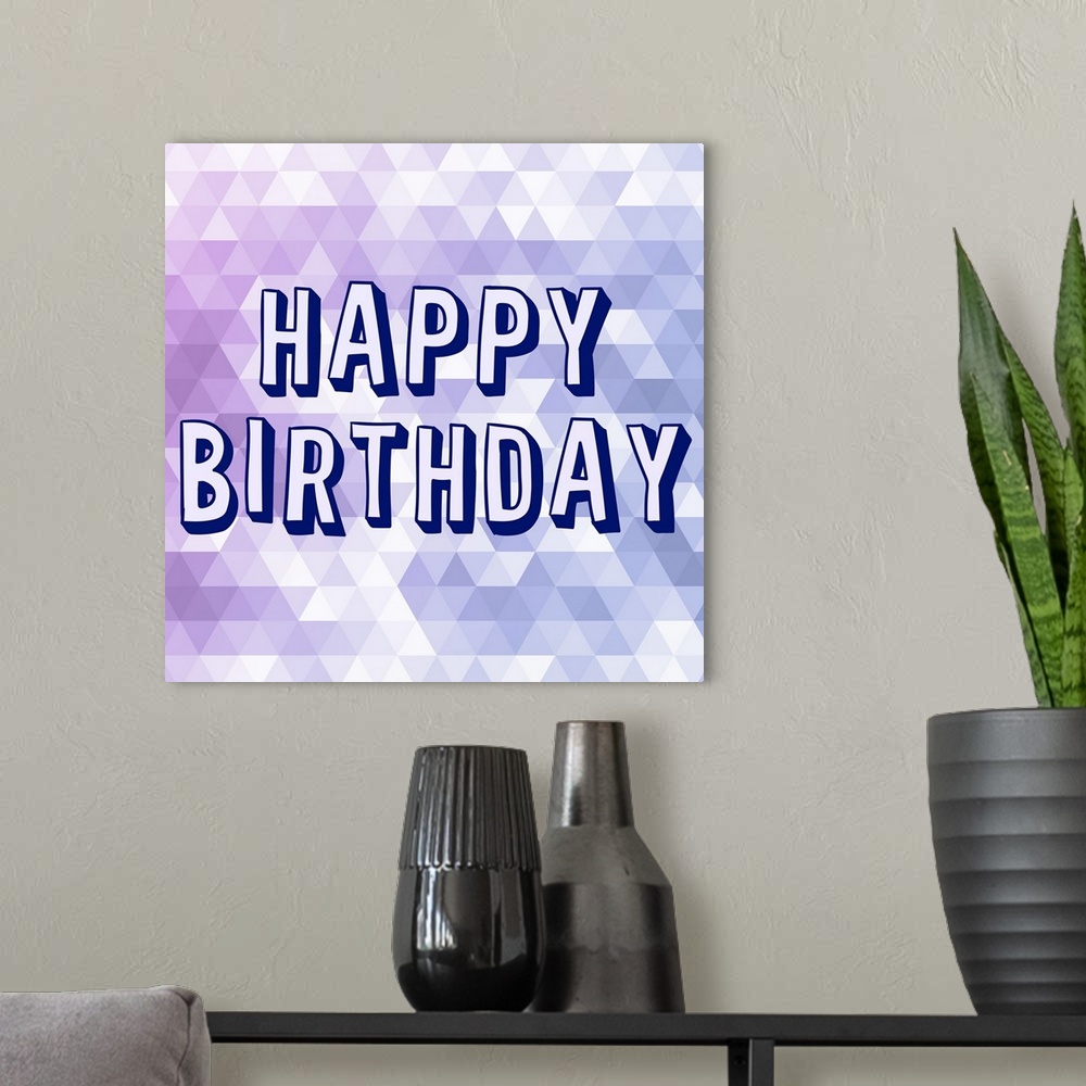 A modern room featuring "Happy Birthday" on a purple disco ball patterned background.