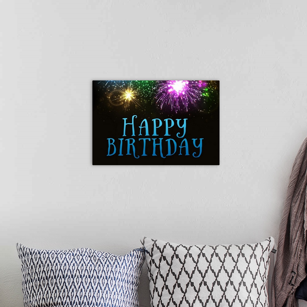 A bohemian room featuring "Happy Birthday" written in blue on a dark background with fireworks above and below.