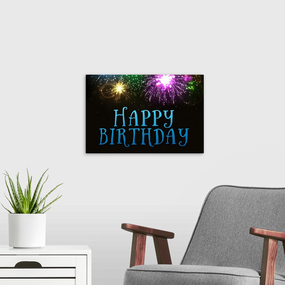 A modern room featuring "Happy Birthday" written in blue on a dark background with fireworks above and below.