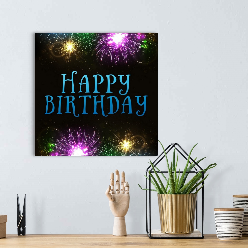 A bohemian room featuring "Happy Birthday" written in blue on a dark background with fireworks above and below.