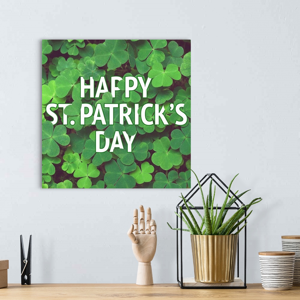 A bohemian room featuring "Happy St. Patrick's Day" with clovers.