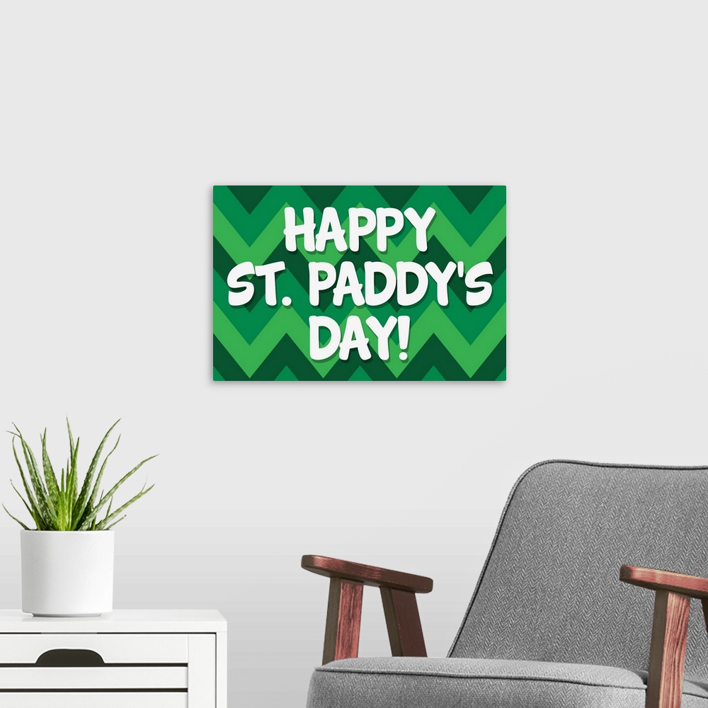 A modern room featuring "Happy St. Paddy's Day!" written on top of a chevron pattern in shades of green.