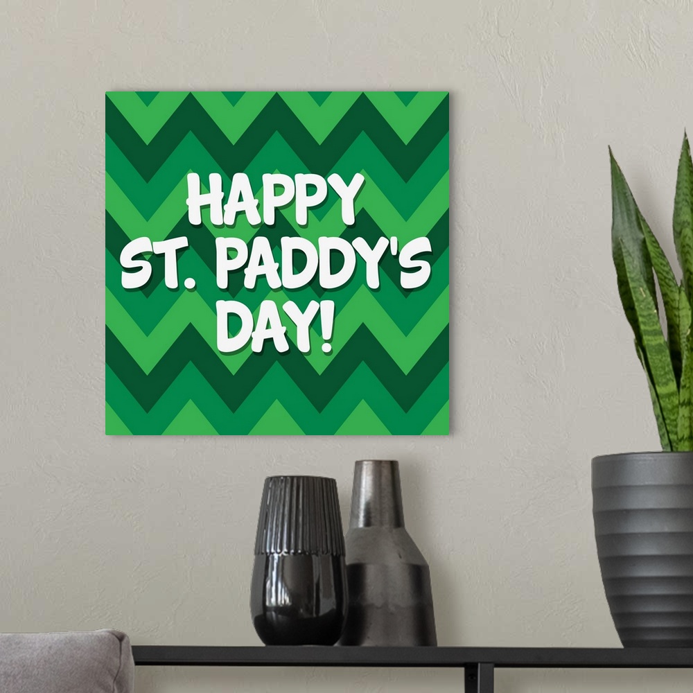 A modern room featuring "Happy St. Paddy's Day!" written on top of a chevron pattern in shades of green.