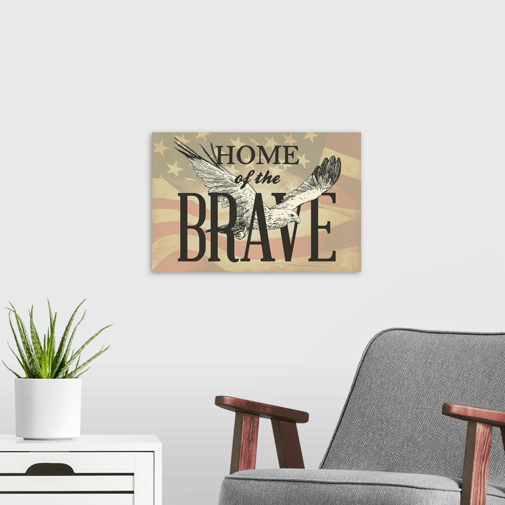 A modern room featuring "Home of the Brave" written in black with an illustration of an eagle flying though it, all on a ...