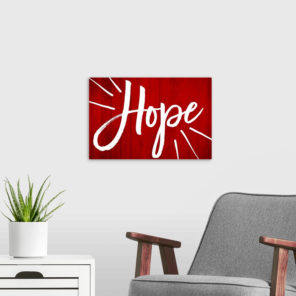 A modern room featuring Contemporary holiday art with large text on a horizontally striped background.
