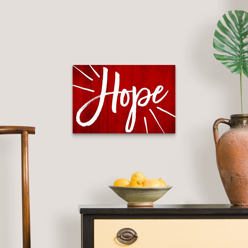 A traditional room featuring Contemporary holiday art with large text on a horizontally striped background.