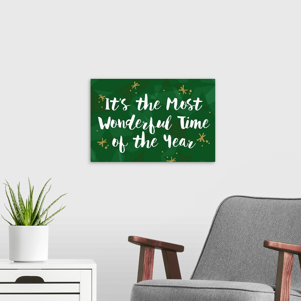 A modern room featuring Graphic holiday art with text surrounded by golden star graphics on a background of subtle layere...