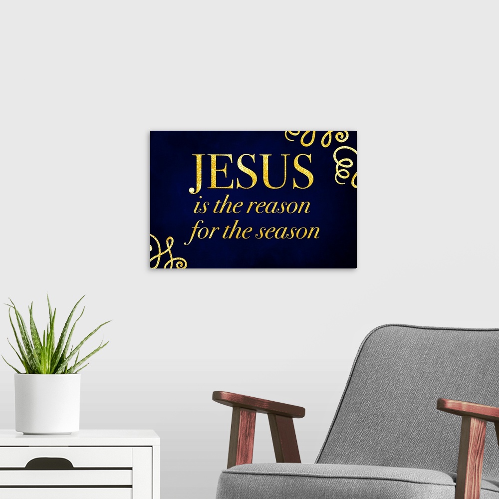 A modern room featuring Textual holiday art with golden text surrounded by swirling graphics, on a dark background.