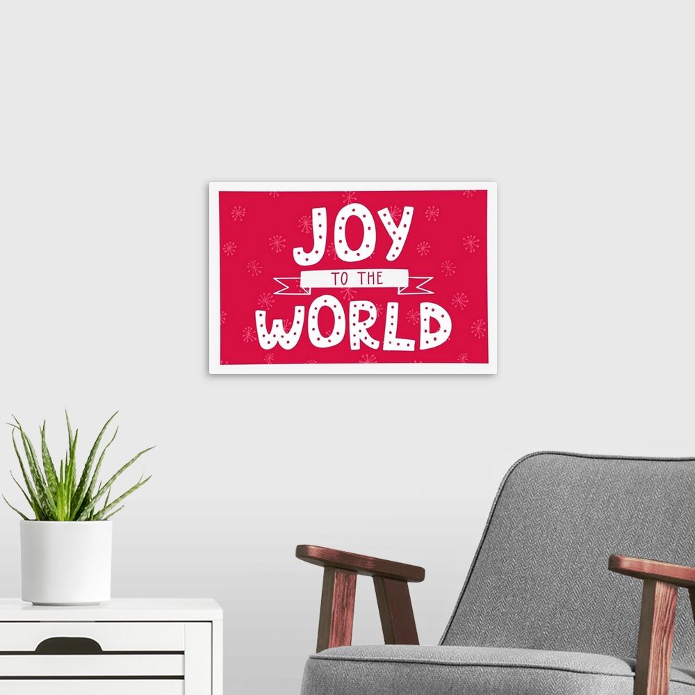 A modern room featuring Graphic holiday art with large decorative text on a warm background with snowflake graphics.