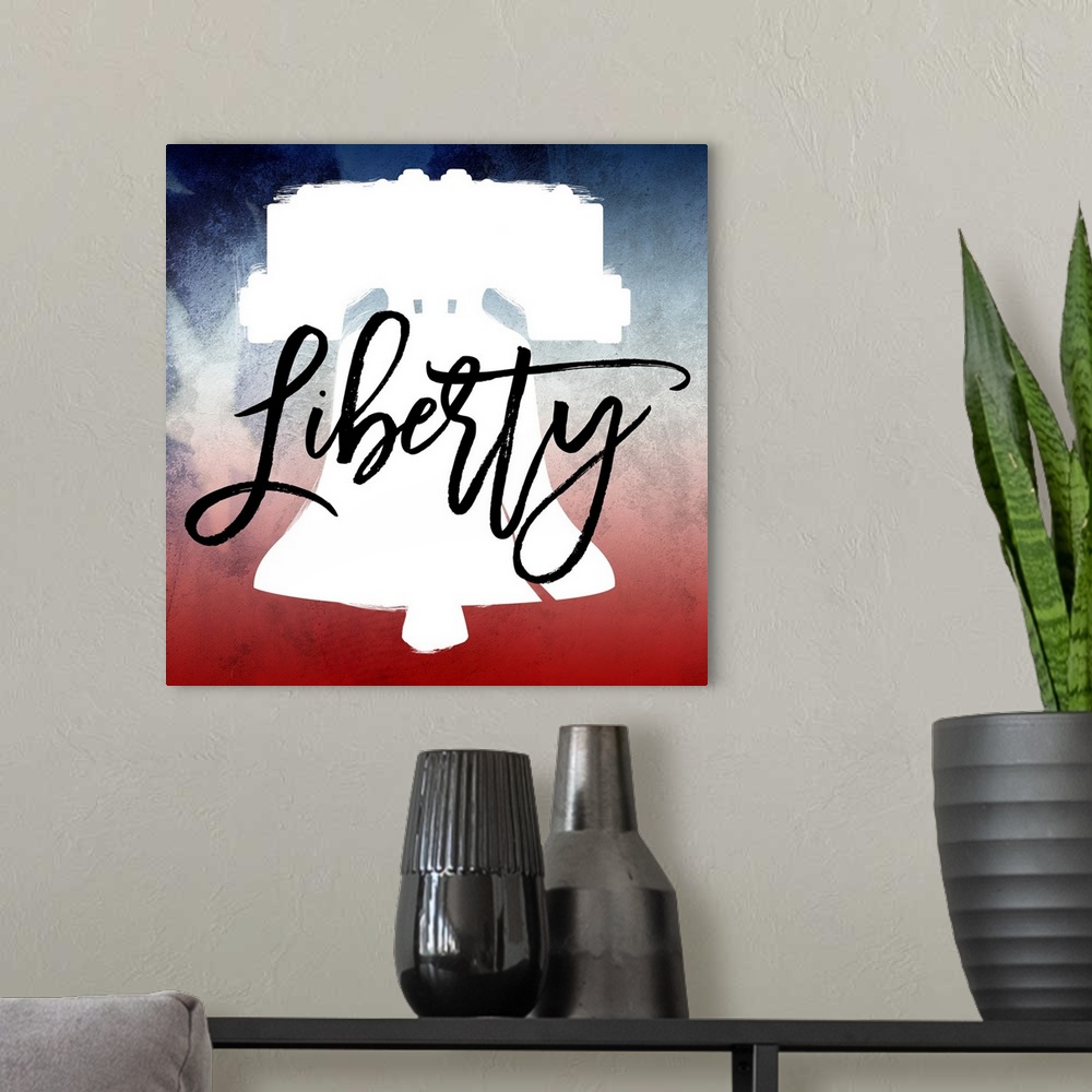 A modern room featuring "Liberty" written in black script on top of a silhouette of the Liberty Bell on a red, white, and...