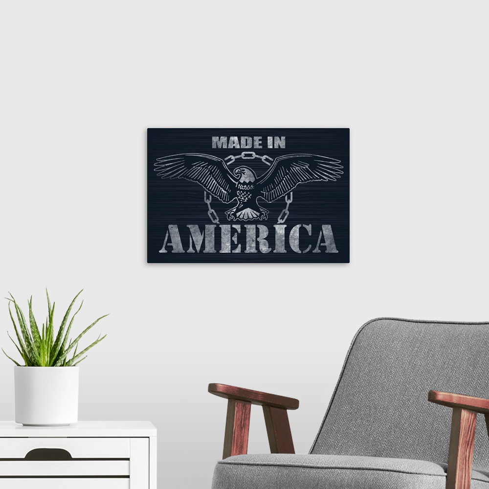 A modern room featuring "Made in America" with an illustration of an eagle on a dark blue background.