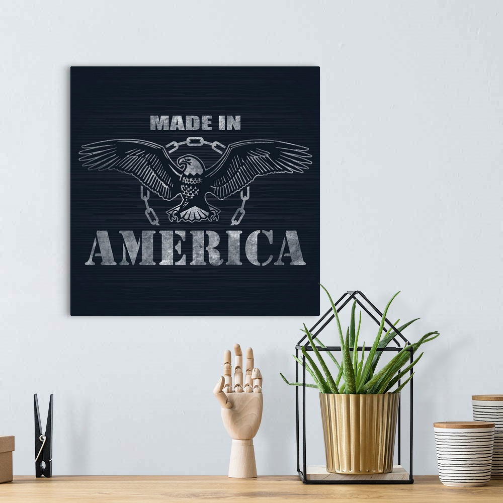 A bohemian room featuring "Made in America" with an illustration of an eagle on a dark blue background.