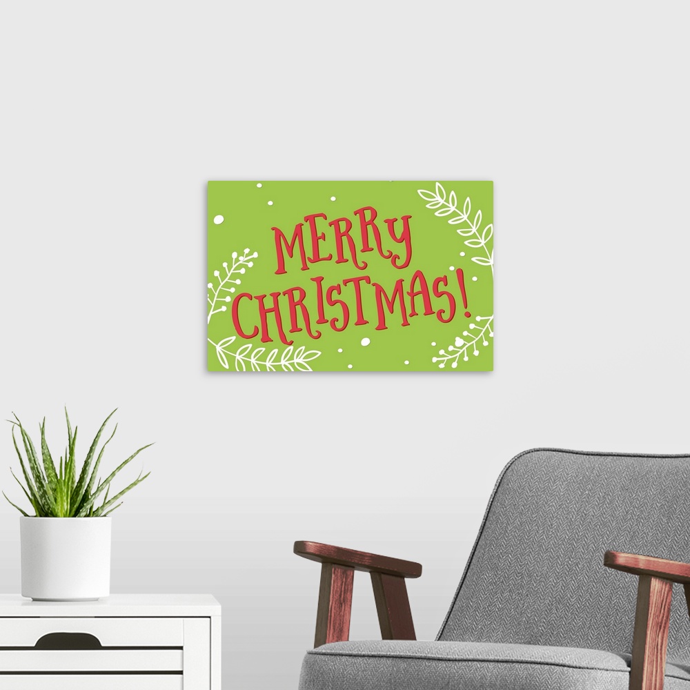 A modern room featuring Graphic holiday art with large text surrounded by decorative branch and snowflake graphics.