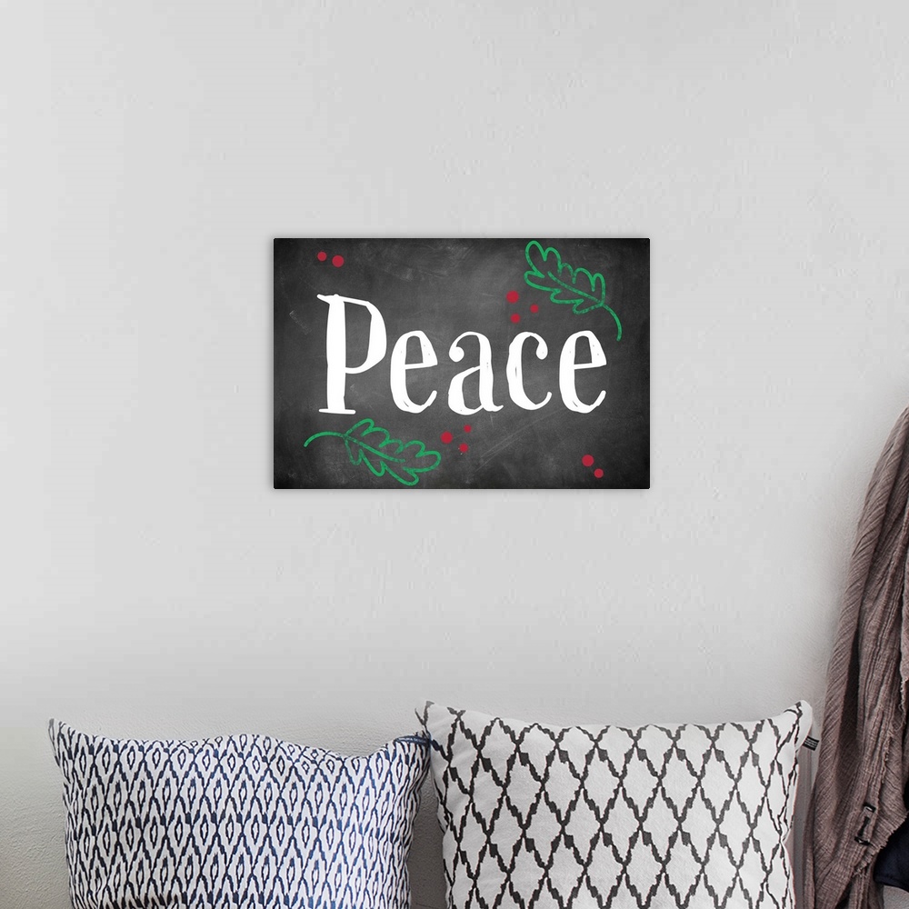 A bohemian room featuring Graphic holiday art with large text surrounded by leaf and berry graphics on a background resembl...