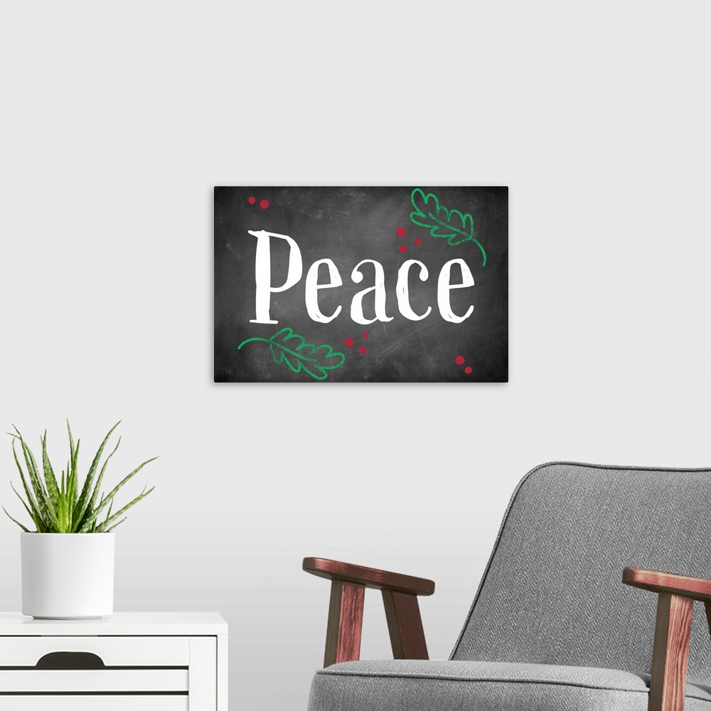 A modern room featuring Graphic holiday art with large text surrounded by leaf and berry graphics on a background resembl...