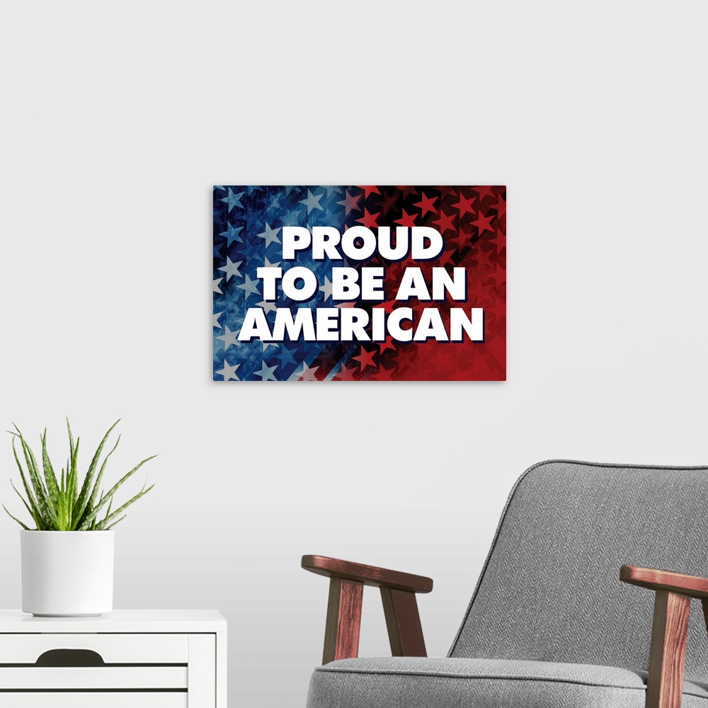 A modern room featuring "Proud to be an American" written in white on a red, white, and blue background with stars.