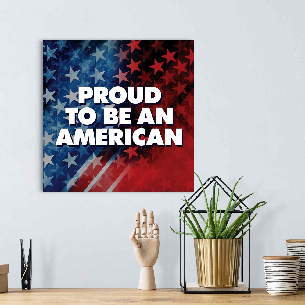 A bohemian room featuring "Proud to be an American" written in white on a red, white, and blue background with stars.