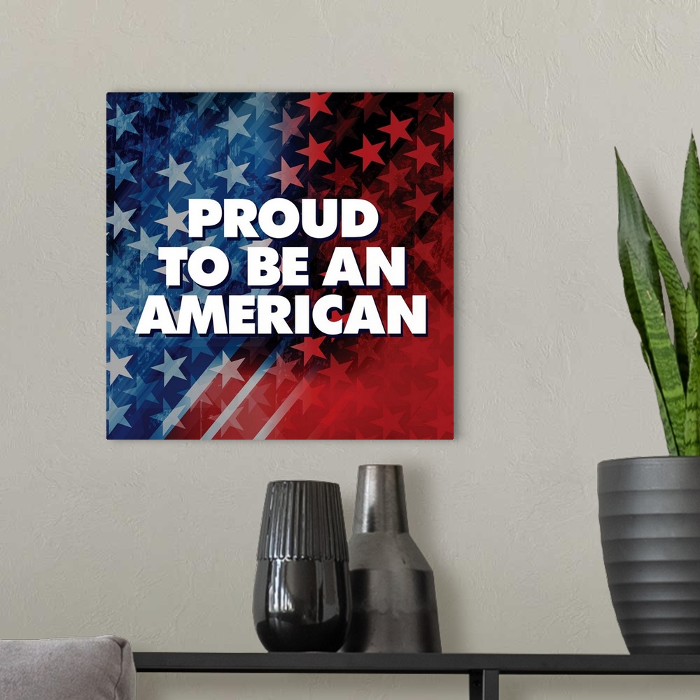 A modern room featuring "Proud to be an American" written in white on a red, white, and blue background with stars.