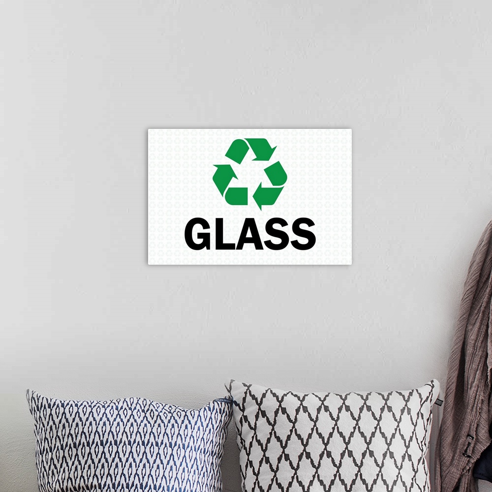 A bohemian room featuring Green recycling symbol with "Glass" written underneath in black