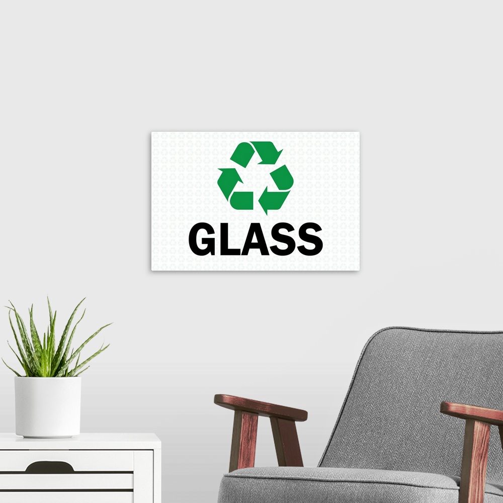 A modern room featuring Green recycling symbol with "Glass" written underneath in black