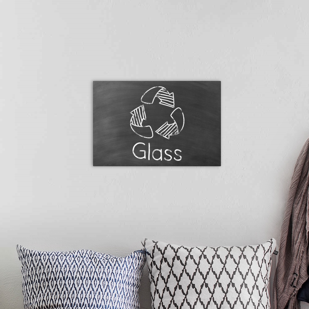 A bohemian room featuring Recycling symbol with "Glass" written underneath in white on a black chalkboard background.