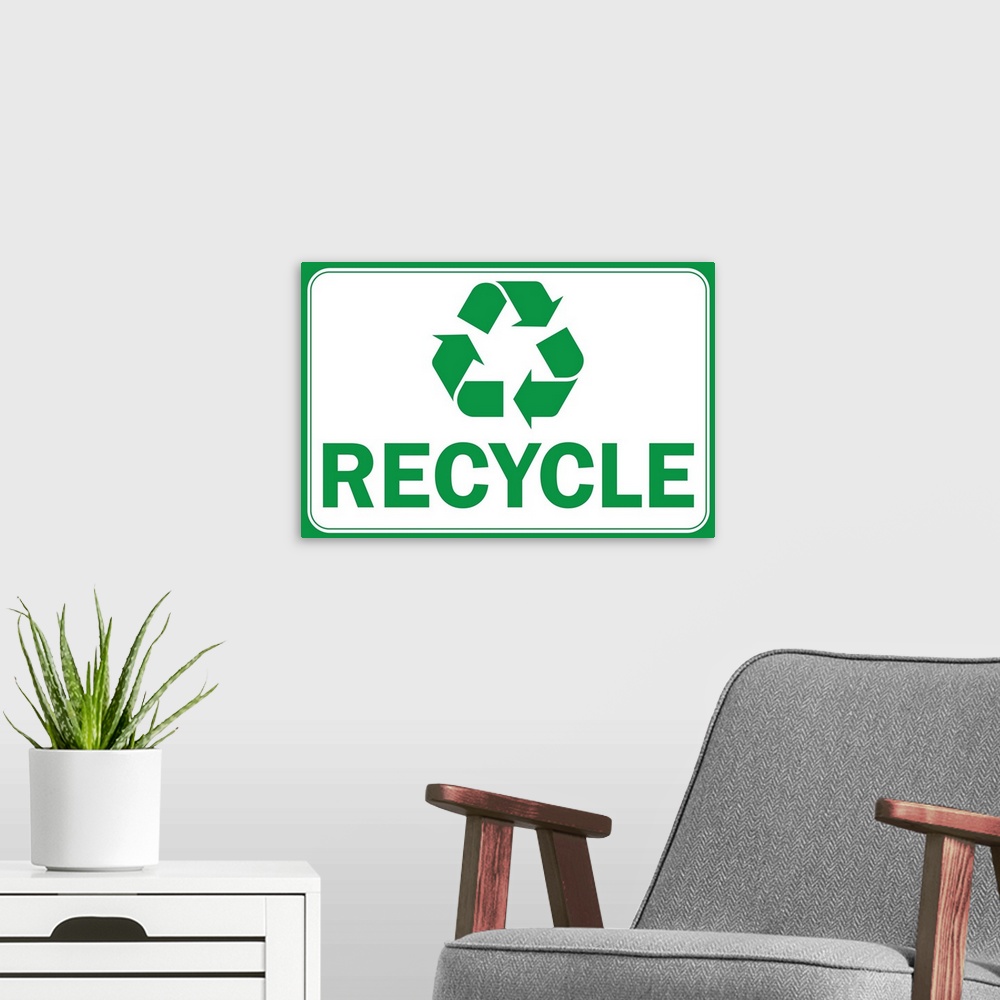 A modern room featuring Recycle with symbol in green and white