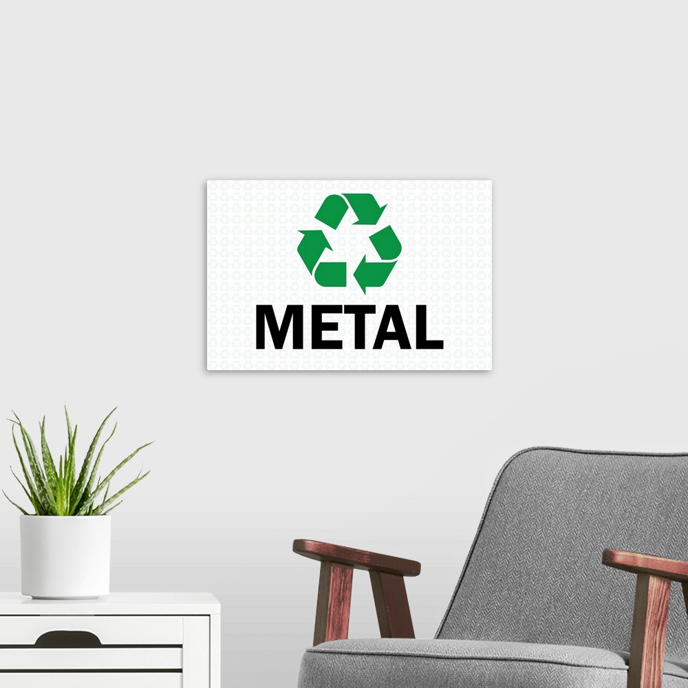 A modern room featuring Green recycling symbol with "Metal" written underneath in black