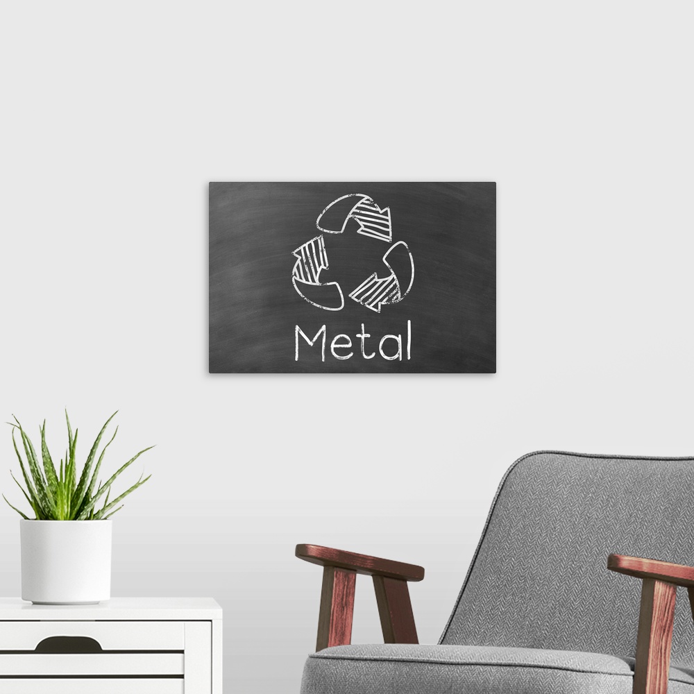 A modern room featuring Recycling symbol with "Metal" written underneath in white on a black chalkboard background.