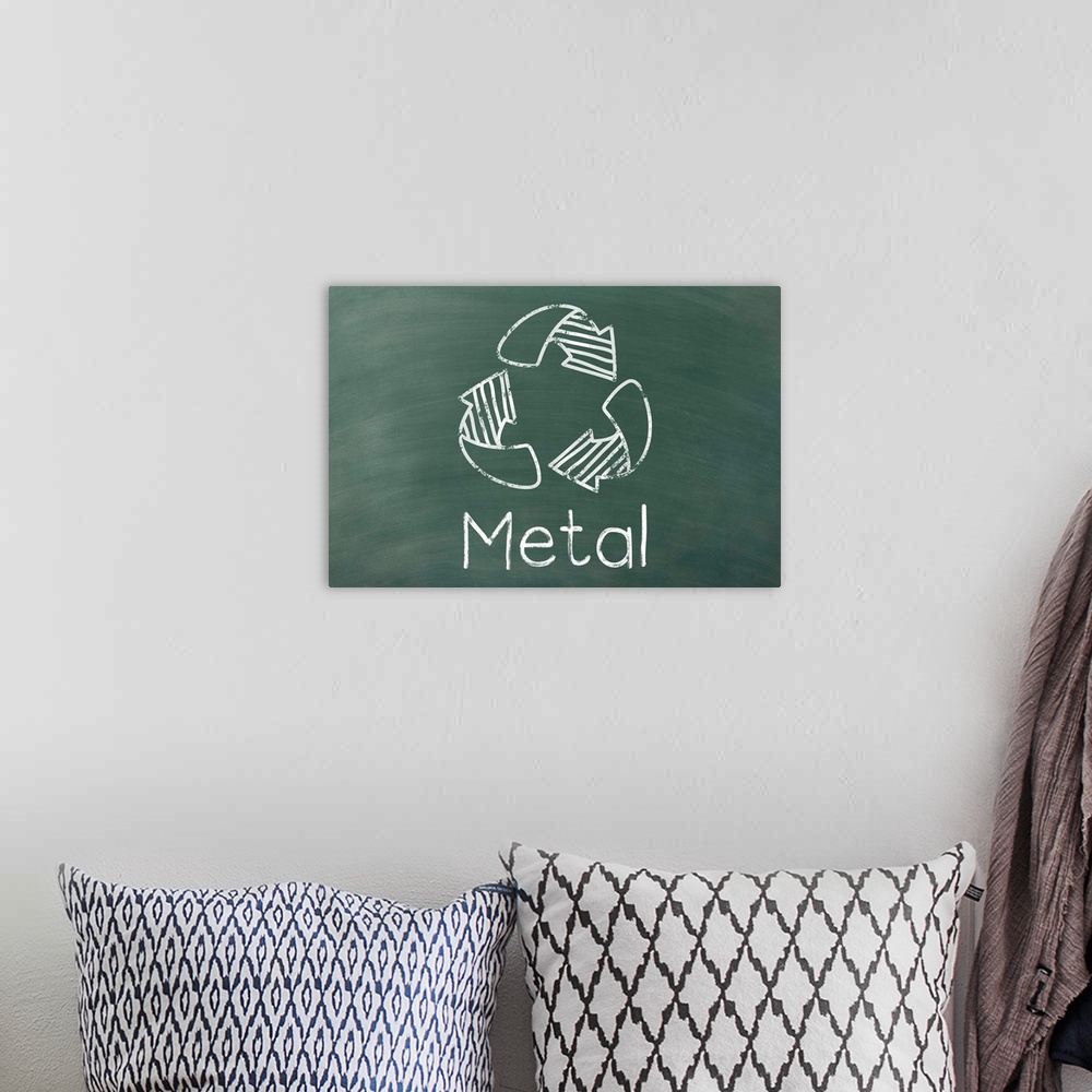 A bohemian room featuring Recycling symbol with "Metal" written underneath in white on a green chalkboard background.