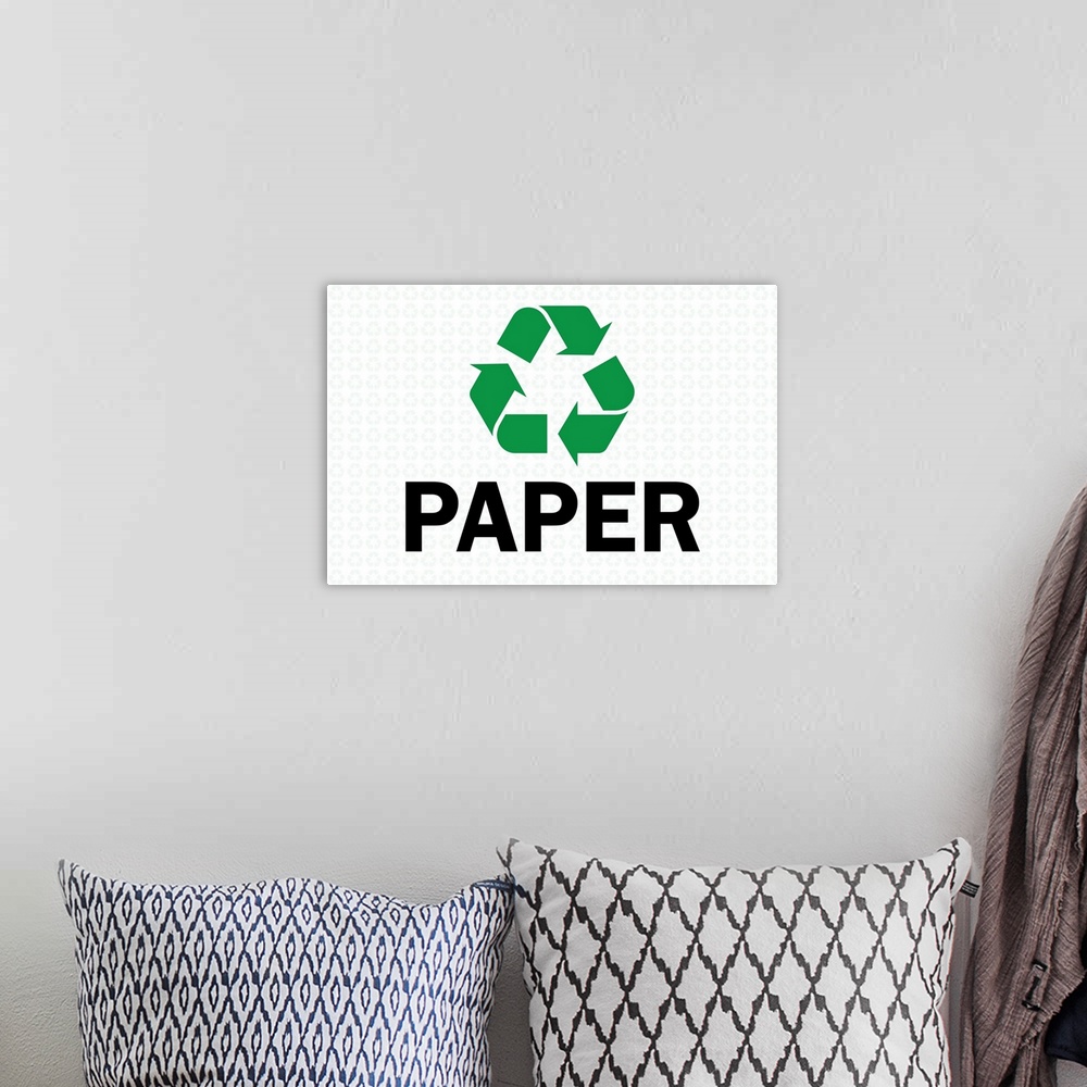 A bohemian room featuring Green recycling symbol with "Paper" written underneath in black