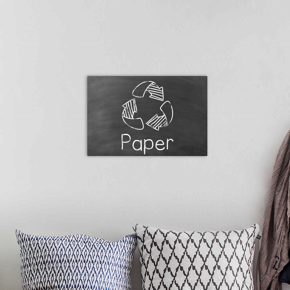 A bohemian room featuring Recycling symbol with "Paper" written underneath in white on a black chalkboard background.