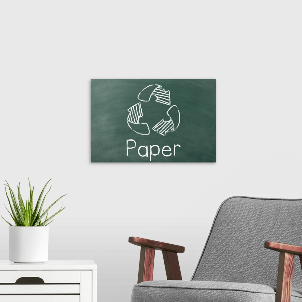 A modern room featuring Recycling symbol with "Paper" written underneath in white on a green chalkboard background.