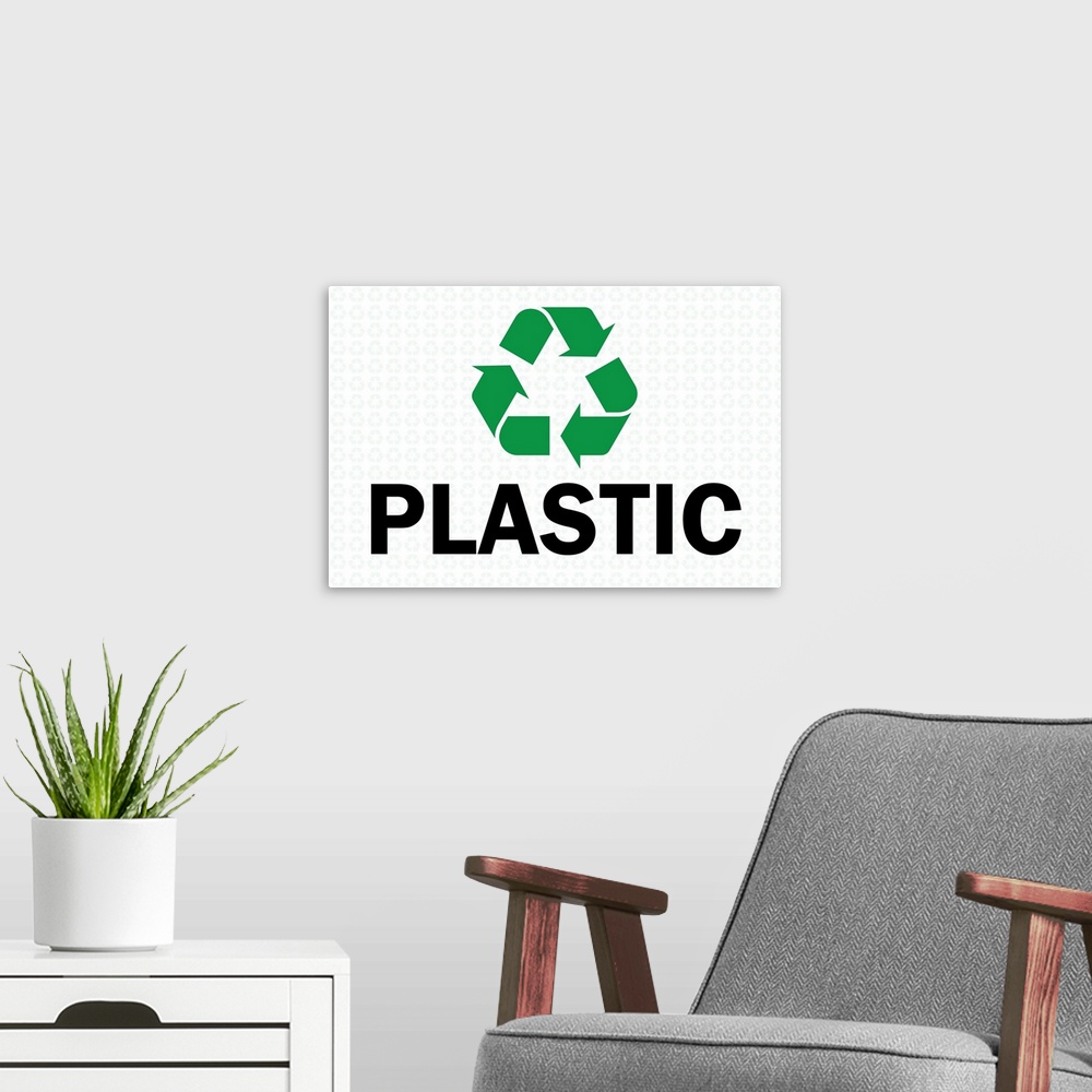 A modern room featuring Green recycling symbol with "Plastic" written underneath in black