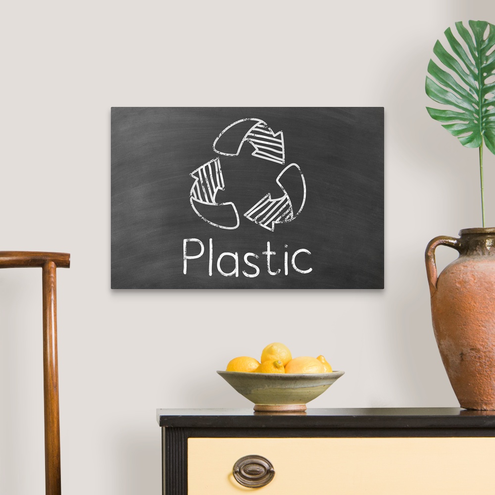 A traditional room featuring Recycling symbol with "Plastic" written underneath in white on a black chalkboard background.