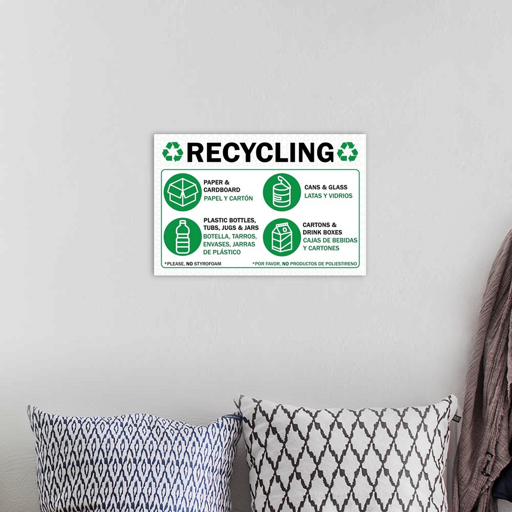 A bohemian room featuring Recycling chart in English and Spanish
