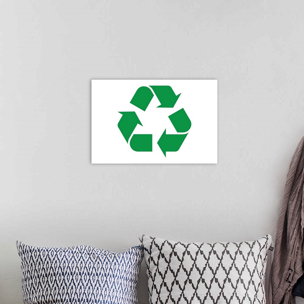 A bohemian room featuring Green recycling symbol on a white background
