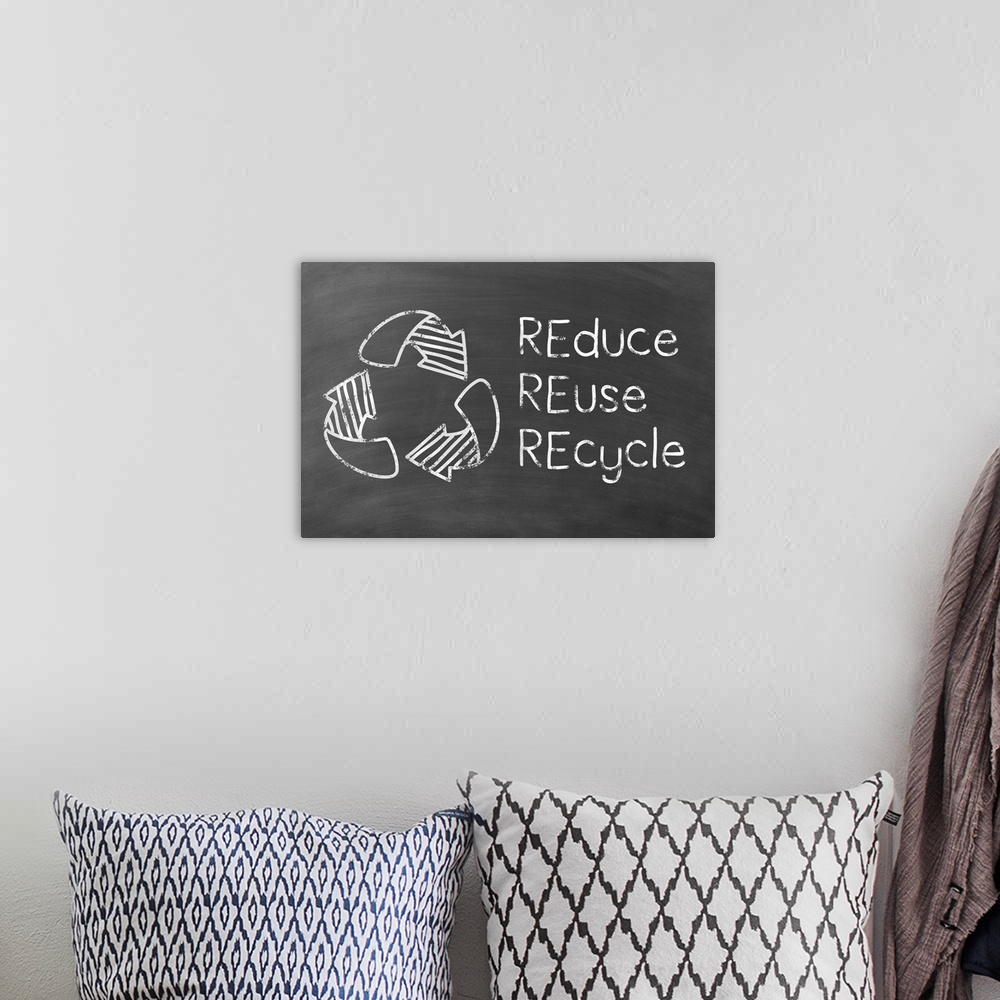 A bohemian room featuring REduce REuse REcycle and the recycling symbol written in white on a black chalkboard background.