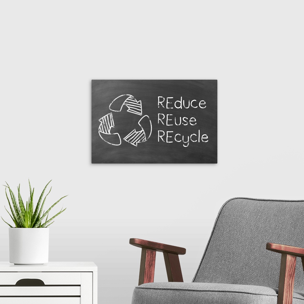 A modern room featuring REduce REuse REcycle and the recycling symbol written in white on a black chalkboard background.