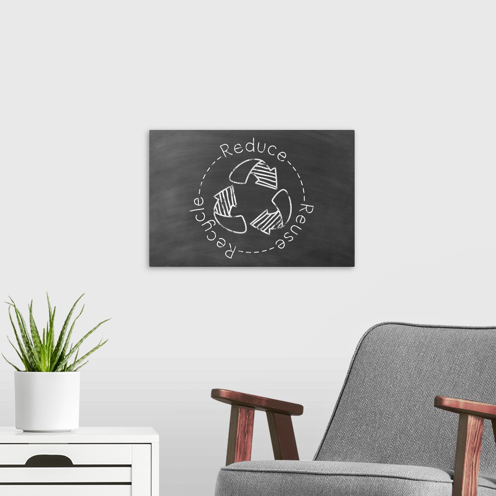 A modern room featuring Reduce Reuse Recycle written in white in a circle around a recycling symbol on a black chalkboard...