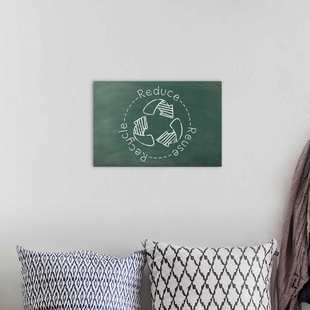 A bohemian room featuring Reduce Reuse Recycle written in white in a circle around a recycling symbol on a green chalkboard...
