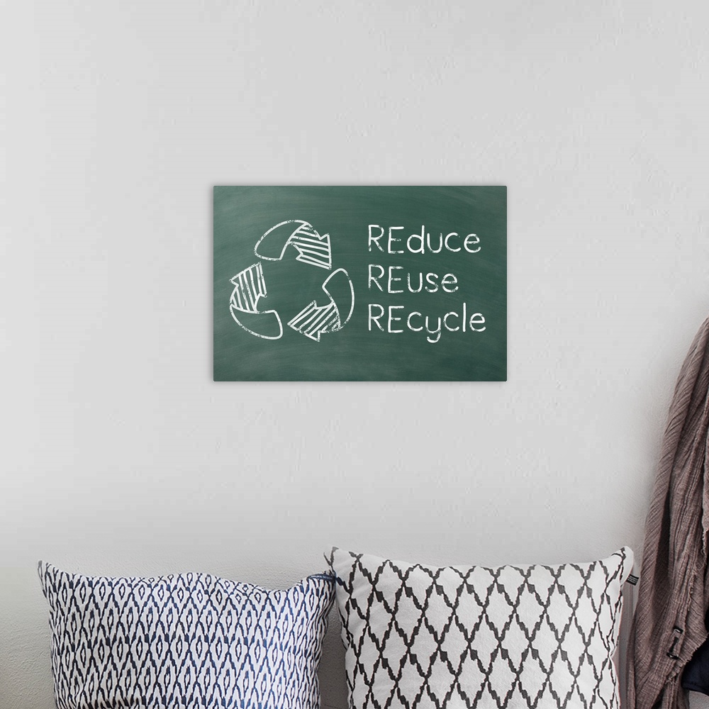 A bohemian room featuring REduce REuse REcycle and the recycling symbol written in white on a green chalkboard background.