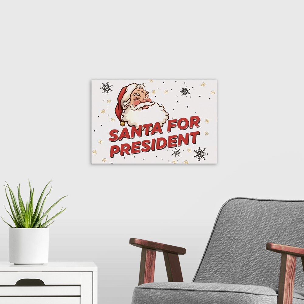 A modern room featuring Graphic holiday art with an image of Santa above large text, on a light background covered with v...