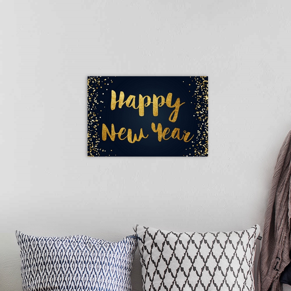 A bohemian room featuring Graphic New Year's art in glittery gold on a navy blue background with gold stars on the sides.