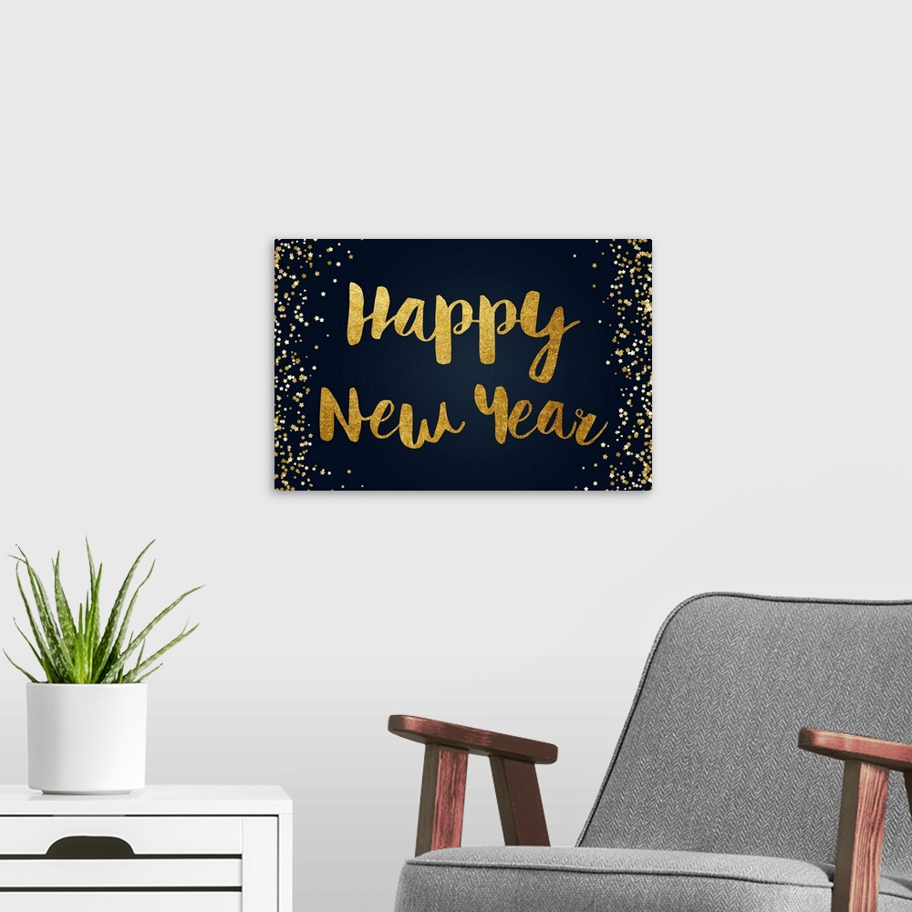 A modern room featuring Graphic New Year's art in glittery gold on a navy blue background with gold stars on the sides.